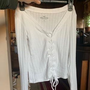 Hollister white long sleeve ribbed lace up shirt